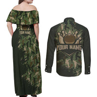 Bowling Camouflage Pattern Couples Matching Off Shoulder Maxi Dress and Long Sleeve Button Shirt with Ball and Pins Graphic in Army Green and Beige Brushstroke Design - Wonder Print Shop