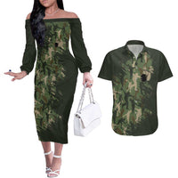 Bowling Camouflage Pattern Couples Matching Off The Shoulder Long Sleeve Dress and Hawaiian Shirt with Ball and Pins Graphic in Army Green and Beige Brushstroke Design - Wonder Print Shop