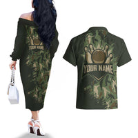 Bowling Camouflage Pattern Couples Matching Off The Shoulder Long Sleeve Dress and Hawaiian Shirt with Ball and Pins Graphic in Army Green and Beige Brushstroke Design - Wonder Print Shop