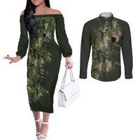 Bowling Camouflage Pattern Couples Matching Off The Shoulder Long Sleeve Dress and Long Sleeve Button Shirt with Ball and Pins Graphic in Army Green and Beige Brushstroke Design - Wonder Print Shop