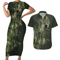 Bowling Camouflage Pattern Couples Matching Short Sleeve Bodycon Dress and Hawaiian Shirt with Ball and Pins Graphic in Army Green and Beige Brushstroke Design - Wonder Print Shop