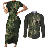 Bowling Camouflage Pattern Couples Matching Short Sleeve Bodycon Dress and Long Sleeve Button Shirt with Ball and Pins Graphic in Army Green and Beige Brushstroke Design - Wonder Print Shop