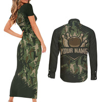 Bowling Camouflage Pattern Couples Matching Short Sleeve Bodycon Dress and Long Sleeve Button Shirt with Ball and Pins Graphic in Army Green and Beige Brushstroke Design - Wonder Print Shop