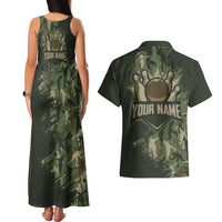 Bowling Camouflage Pattern Couples Matching Tank Maxi Dress and Hawaiian Shirt with Ball and Pins Graphic in Army Green and Beige Brushstroke Design - Wonder Print Shop
