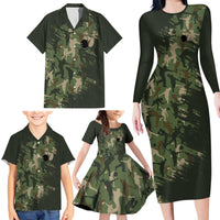 Bowling Camouflage Pattern Family Matching Long Sleeve Bodycon Dress and Hawaiian Shirt with Ball and Pins Graphic in Army Green and Beige Brushstroke Design - Wonder Print Shop