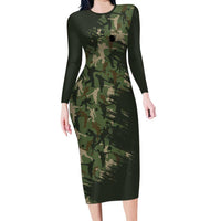 Bowling Camouflage Pattern Family Matching Long Sleeve Bodycon Dress and Hawaiian Shirt with Ball and Pins Graphic in Army Green and Beige Brushstroke Design - Wonder Print Shop