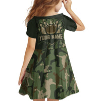 Bowling Camouflage Pattern Family Matching Off The Shoulder Long Sleeve Dress and Hawaiian Shirt with Ball and Pins Graphic in Army Green and Beige Brushstroke Design - Wonder Print Shop