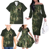 Bowling Camouflage Pattern Family Matching Off The Shoulder Long Sleeve Dress and Hawaiian Shirt with Ball and Pins Graphic in Army Green and Beige Brushstroke Design - Wonder Print Shop