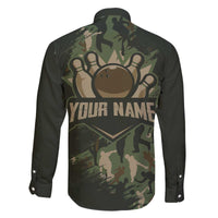 Bowling Camouflage Pattern Family Matching Off The Shoulder Long Sleeve Dress and Hawaiian Shirt with Ball and Pins Graphic in Army Green and Beige Brushstroke Design - Wonder Print Shop