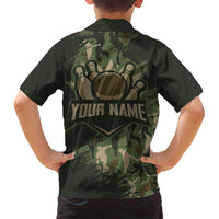 Bowling Camouflage Pattern Family Matching Off Shoulder Short Dress and Hawaiian Shirt with Ball and Pins Graphic in Army Green and Beige Brushstroke Design - Wonder Print Shop