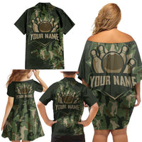 Bowling Camouflage Pattern Family Matching Off Shoulder Short Dress and Hawaiian Shirt with Ball and Pins Graphic in Army Green and Beige Brushstroke Design - Wonder Print Shop