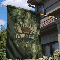 Bowling Camouflage Pattern Garden Flag with Ball and Pins Graphic in Army Green and Beige Brushstroke Design - Wonder Print Shop