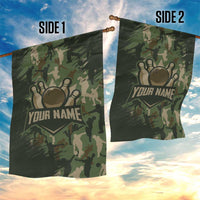 Bowling Camouflage Pattern Garden Flag with Ball and Pins Graphic in Army Green and Beige Brushstroke Design - Wonder Print Shop