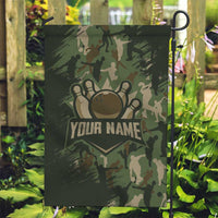 Bowling Camouflage Pattern Garden Flag with Ball and Pins Graphic in Army Green and Beige Brushstroke Design - Wonder Print Shop