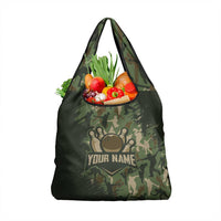 Bowling Camouflage Pattern Grocery Bag with Ball and Pins Graphic in Army Green and Beige Brushstroke Design - Wonder Print Shop