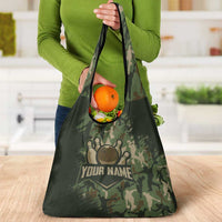 Bowling Camouflage Pattern Grocery Bag with Ball and Pins Graphic in Army Green and Beige Brushstroke Design - Wonder Print Shop