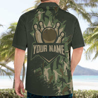 Bowling Camouflage Pattern Hawaiian Shirt with Ball and Pins Graphic in Army Green and Beige Brushstroke Design - Wonder Print Shop