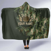 Bowling Camouflage Pattern Hooded Blanket with Ball and Pins Graphic in Army Green and Beige Brushstroke Design - Wonder Print Shop