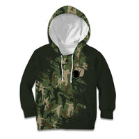 Bowling Camouflage Pattern Kid Hoodie with Ball and Pins Graphic in Army Green and Beige Brushstroke Design - Wonder Print Shop
