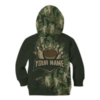Bowling Camouflage Pattern Kid Hoodie with Ball and Pins Graphic in Army Green and Beige Brushstroke Design - Wonder Print Shop