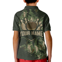 Bowling Camouflage Pattern Kid Polo Shirt with Ball and Pins Graphic in Army Green and Beige Brushstroke Design - Wonder Print Shop