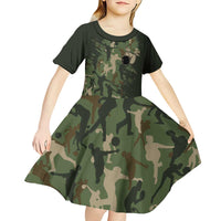 Bowling Camouflage Pattern Kid Short Sleeve Dress with Ball and Pins Graphic in Army Green and Beige Brushstroke Design - Wonder Print Shop