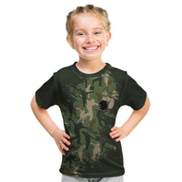 Bowling Camouflage Pattern Kid T Shirt with Ball and Pins Graphic in Army Green and Beige Brushstroke Design - Wonder Print Shop