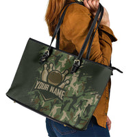 Bowling Camouflage Pattern Leather Tote Bag with Ball and Pins Graphic in Army Green and Beige Brushstroke Design - Wonder Print Shop