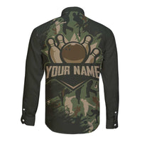 Bowling Camouflage Pattern Long Sleeve Button Shirt with Ball and Pins Graphic in Army Green and Beige Brushstroke Design - Wonder Print Shop