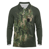 Bowling Camouflage Pattern Long Sleeve Polo Shirt with Ball and Pins Graphic in Army Green and Beige Brushstroke Design - Wonder Print Shop