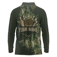 Bowling Camouflage Pattern Long Sleeve Polo Shirt with Ball and Pins Graphic in Army Green and Beige Brushstroke Design - Wonder Print Shop