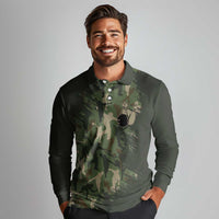 Bowling Camouflage Pattern Long Sleeve Polo Shirt with Ball and Pins Graphic in Army Green and Beige Brushstroke Design - Wonder Print Shop