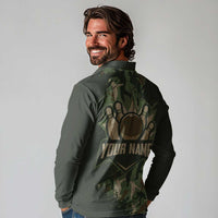 Bowling Camouflage Pattern Long Sleeve Polo Shirt with Ball and Pins Graphic in Army Green and Beige Brushstroke Design - Wonder Print Shop