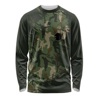 Bowling Camouflage Pattern Long Sleeve Shirt with Ball and Pins Graphic in Army Green and Beige Brushstroke Design - Wonder Print Shop