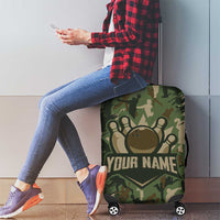 Bowling Camouflage Pattern Luggage Cover with Ball and Pins Graphic in Army Green and Beige Brushstroke Design - Wonder Print Shop