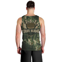 Bowling Camouflage Pattern Men Tank Top with Ball and Pins Graphic in Army Green and Beige Brushstroke Design - Wonder Print Shop