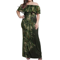 Bowling Camouflage Pattern Off Shoulder Maxi Dress with Ball and Pins Graphic in Army Green and Beige Brushstroke Design - Wonder Print Shop