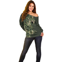 Bowling Camouflage Pattern Off Shoulder Sweater with Ball and Pins Graphic in Army Green and Beige Brushstroke Design - Wonder Print Shop