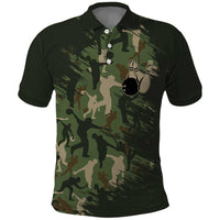 Bowling Camouflage Pattern Polo Shirt with Ball and Pins Graphic in Army Green and Beige Brushstroke Design - Wonder Print Shop