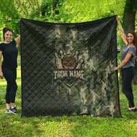 Bowling Camouflage Pattern Quilt with Ball and Pins Graphic in Army Green and Beige Brushstroke Design - Wonder Print Shop