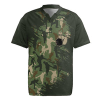 Bowling Camouflage Pattern Rugby Jersey with Ball and Pins Graphic in Army Green and Beige Brushstroke Design - Wonder Print Shop