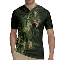 Bowling Camouflage Pattern Rugby Jersey with Ball and Pins Graphic in Army Green and Beige Brushstroke Design - Wonder Print Shop