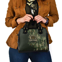 Bowling Camouflage Pattern Shoulder Handbag with Ball and Pins Graphic in Army Green and Beige Brushstroke Design - Wonder Print Shop