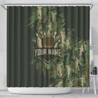 Bowling Camouflage Pattern Shower Curtain with Ball and Pins Graphic in Army Green and Beige Brushstroke Design - Wonder Print Shop