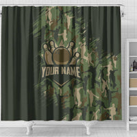 Bowling Camouflage Pattern Shower Curtain with Ball and Pins Graphic in Army Green and Beige Brushstroke Design - Wonder Print Shop