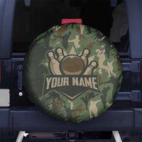 Bowling Camouflage Pattern Spare Tire Cover with Ball and Pins Graphic in Army Green and Beige Brushstroke Design - Wonder Print Shop