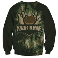 Bowling Camouflage Pattern Sweatshirt with Ball and Pins Graphic in Army Green and Beige Brushstroke Design - Wonder Print Shop