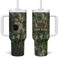 Bowling Camouflage Pattern Tumbler With Handle with Ball and Pins Graphic in Army Green and Beige Brushstroke Design - Wonder Print Shop
