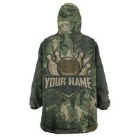 Bowling Camouflage Pattern Wearable Blanket Hoodie with Ball and Pins Graphic in Army Green and Beige Brushstroke Design - Wonder Print Shop