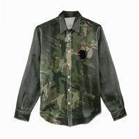 Bowling Camouflage Pattern Women Casual Shirt with Ball and Pins Graphic in Army Green and Beige Brushstroke Design - Wonder Print Shop